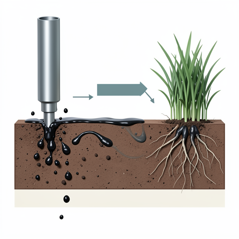 AI-generated conceptual illustration (Oil drilling site with soil and grass plants). It explains the idea and does not show study data.