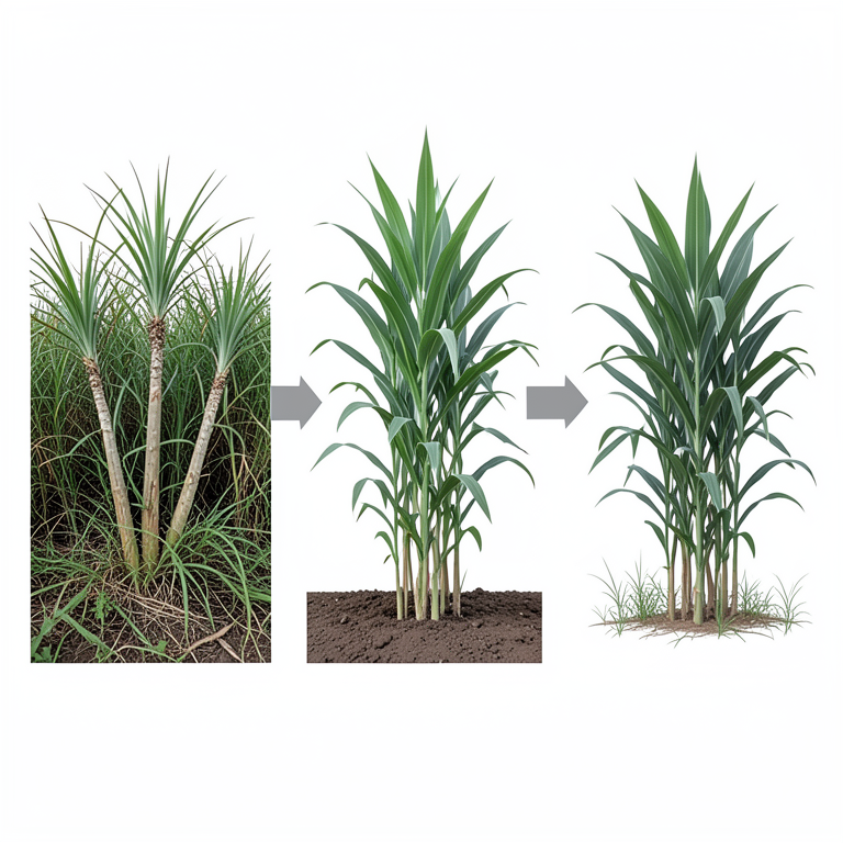 AI-generated conceptual illustration (spring-planted sugarcane (Saccharum officinarum L.)). It explains the idea and does not show study data.