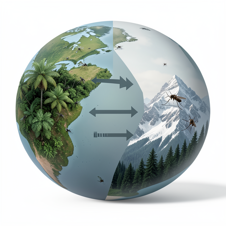 AI-generated conceptual illustration (Anopheles mosquitoes and Aedes albopictus mosquitoes on a global map). It explains the idea and does not show study data.