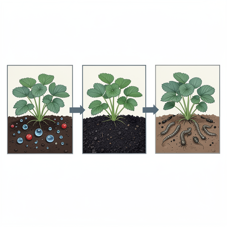 AI-generated conceptual illustration (strawberry plants in Mediterranean soil). It explains the idea and does not show study data.