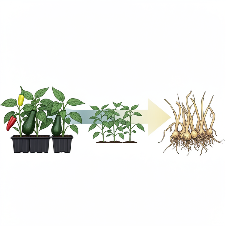 AI-generated conceptual illustration (seedling nursery crops including chilli, capsicum, tomato, bottle gourd, and onion). It explains the idea and does not show study data.
