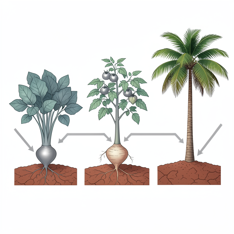 AI-generated conceptual illustration (Leafy greens, tomato plants, cassava roots, and coconut palms grown in bauxite-rich soil). It explains the idea and does not show study data.