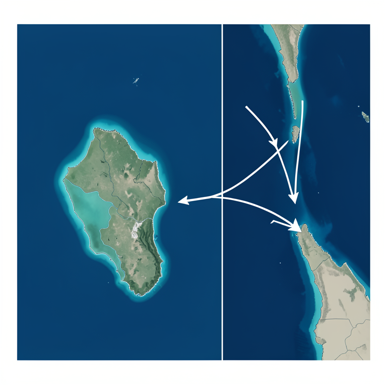 AI-generated conceptual illustration (The Great Nicobar Island and the surrounding maritime geography of the Six Degree Channel and the Strait of Malacca). It explains the idea and does not show study data.