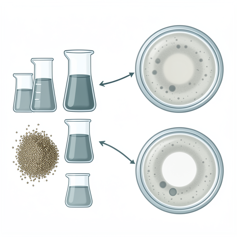 AI-generated conceptual illustration (Sesame seeds (Sesamum indicum L.) and bacterial colonies on agar plates). It explains the idea and does not show study data.