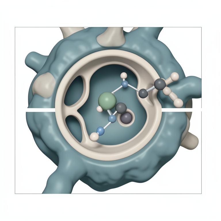 AI-generated conceptual illustration (SARS-CoV-2 main protease (Mpro) protein structure and a small molecule inhibitor). It explains the idea and does not show study data.