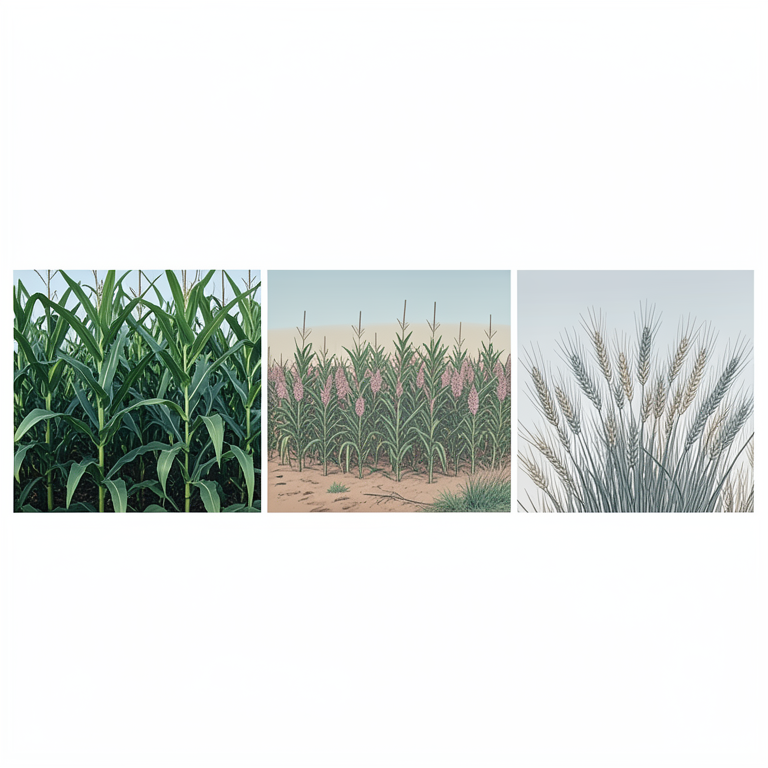 AI-generated conceptual illustration (maize, sorghum, and barley plants in a diverse landscape). It explains the idea and does not show study data.