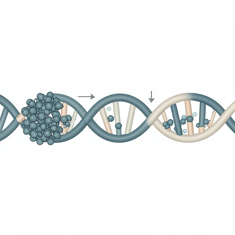 AI-generated conceptual illustration (Human genomic DNA strand and retroviral vector particles). It explains the idea and does not show study data.