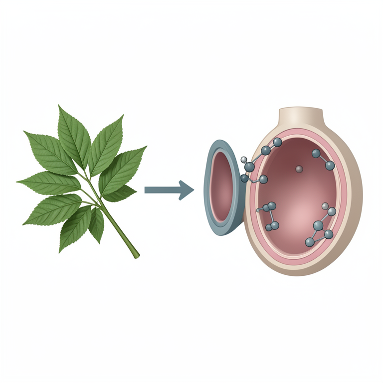 AI-generated conceptual illustration (Rauwolfia vomitoria leaves and a mammalian aortic blood vessel). It explains the idea and does not show study data.