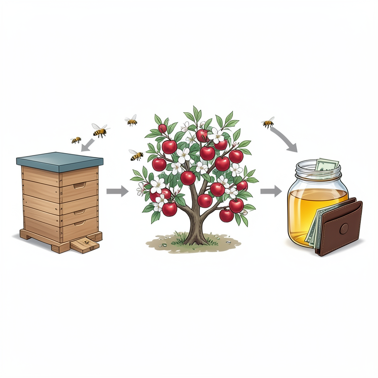 AI-generated conceptual illustration (Apis mellifera honey bees, apple orchard trees, and a leather wallet). It explains the idea and does not show study data.