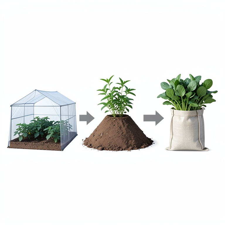 AI-generated conceptual illustration (small-scale vegetable gardens in a semi-arid landscape). It explains the idea and does not show study data.