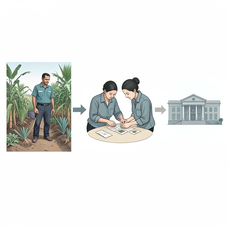 AI-generated conceptual illustration (Indian farmers and agricultural extension workers with traditional seed varieties). It explains the idea and does not show study data.