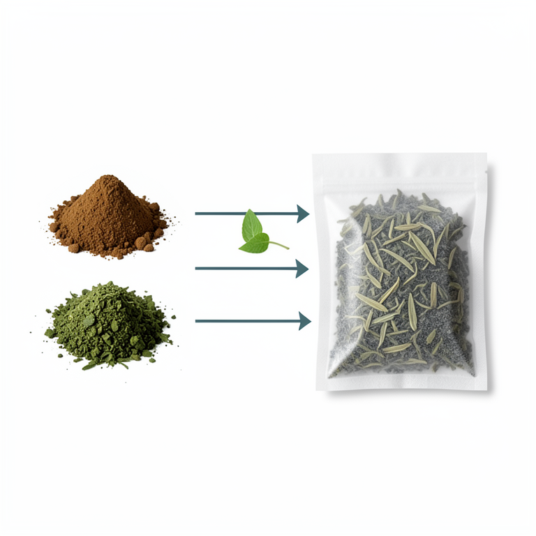 AI-generated conceptual illustration (Moringa oleifera leaves, cinnamon bark, tulsi leaves, and green tea leaves). It explains the idea and does not show study data.