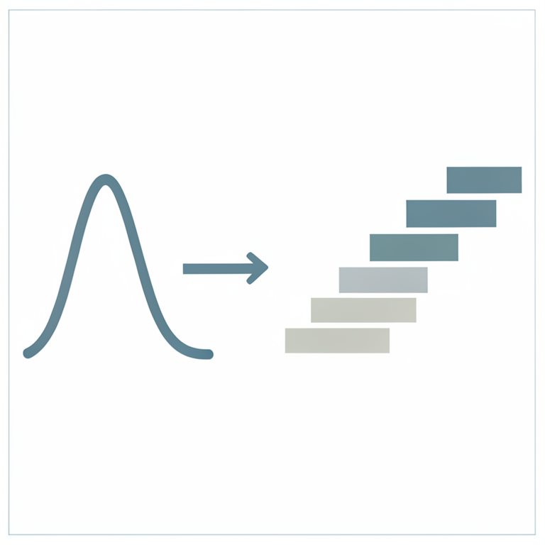 AI-generated conceptual illustration (a mathematical probability distribution curve and a corresponding step function). It explains the idea and does not show study data.