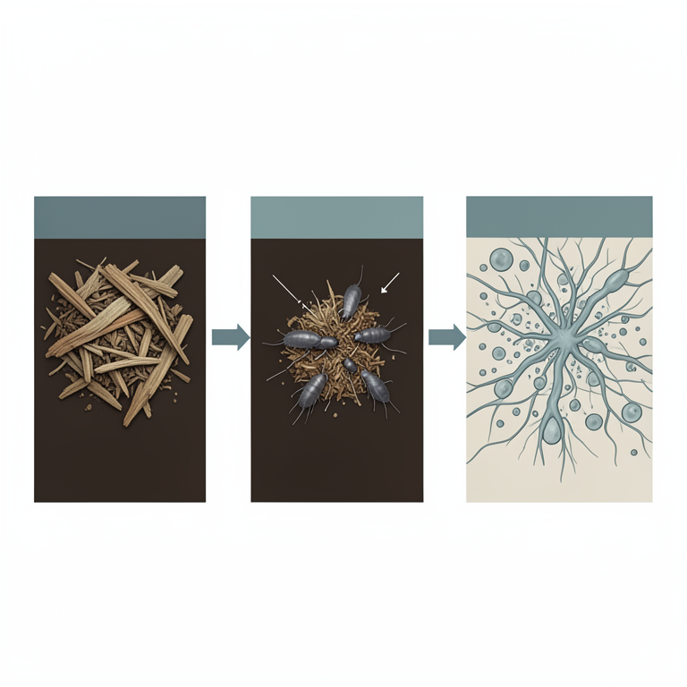 AI-generated conceptual illustration (Boreal peatland soil with Collembola and oribatid mites). It explains the idea and does not show study data.
