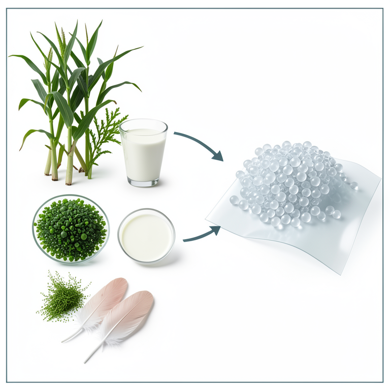 AI-generated conceptual illustration (biological raw materials including corn stalks, algae, bacteria colonies, milk, and chicken feathers). It explains the idea and does not show study data.