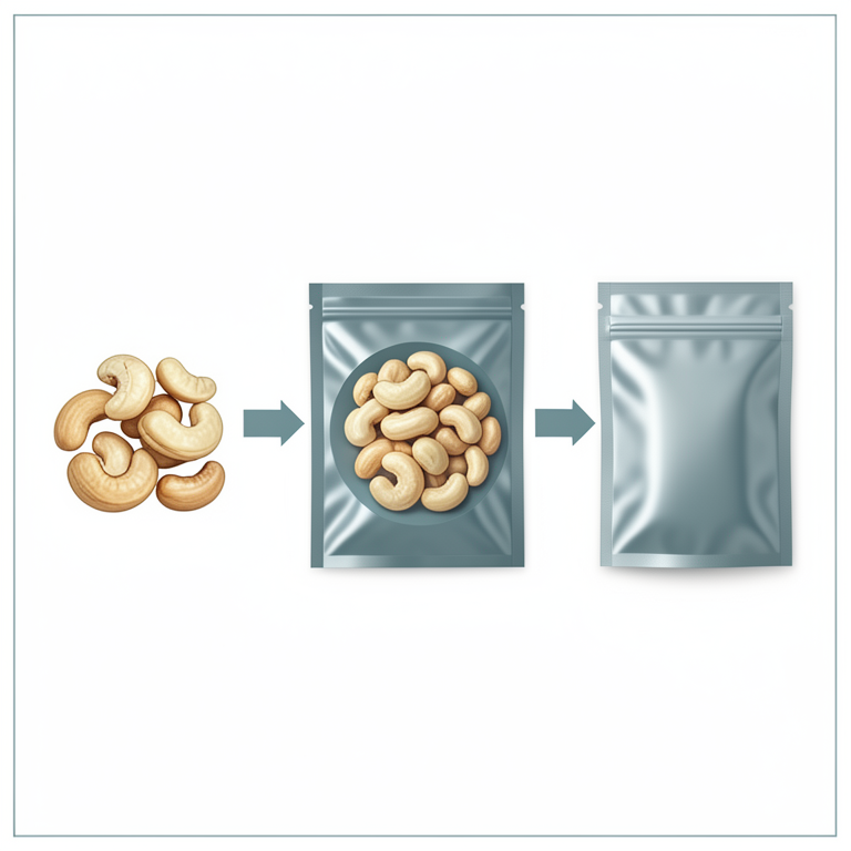 AI-generated conceptual illustration (processed cashew nuts and packaging materials). It explains the idea and does not show study data.