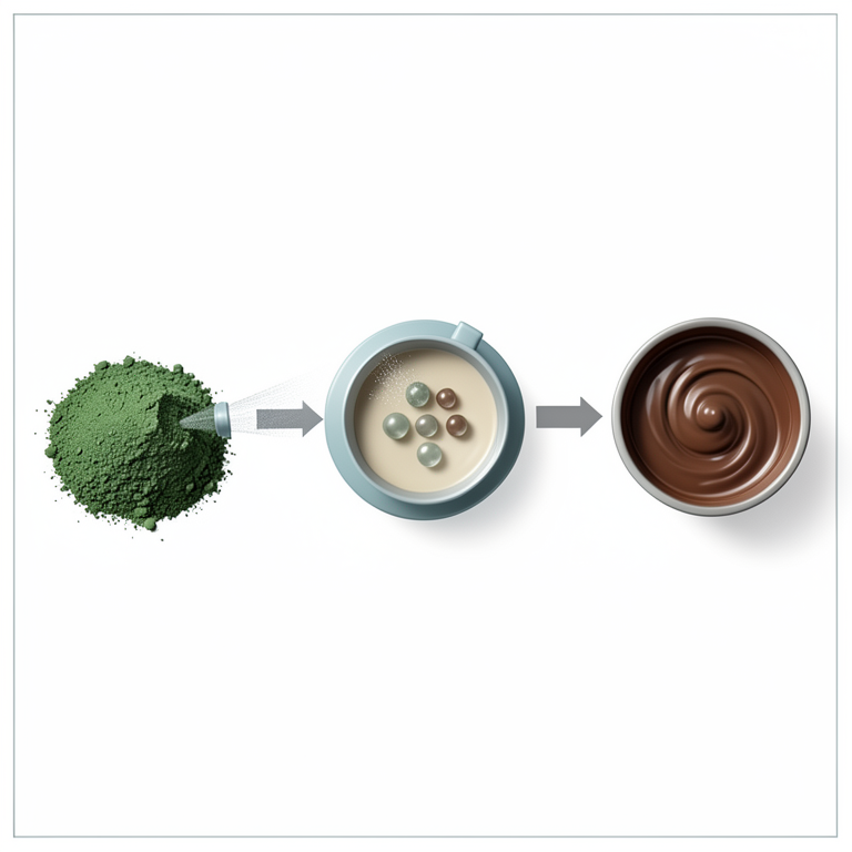 AI-generated conceptual illustration (Spirulina (Limnospira platensis) powder and milk chocolate). It explains the idea and does not show study data.