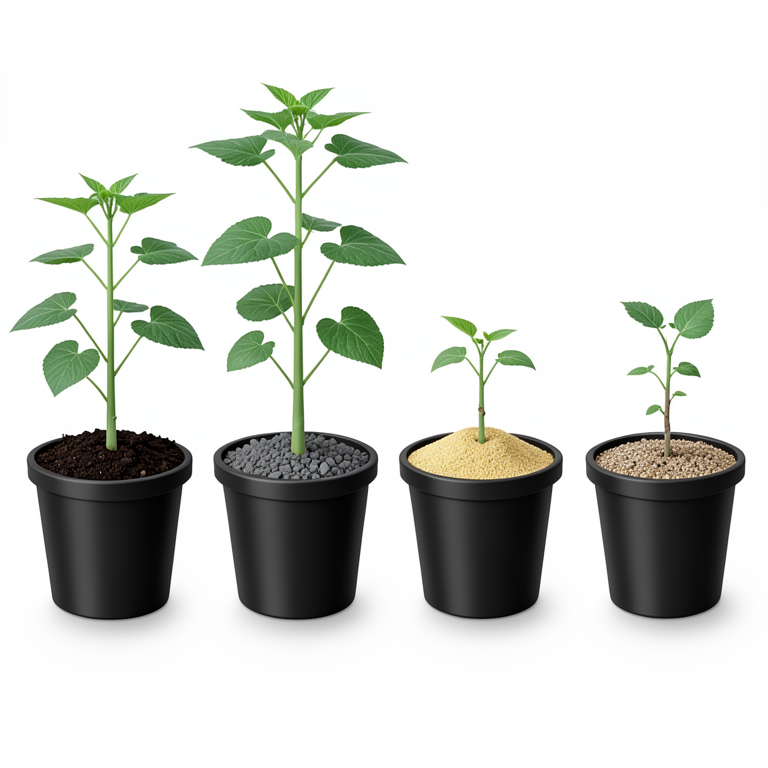 AI-generated conceptual illustration (Cucumis sativus (cucumber) seedlings in polythene pots). It explains the idea and does not show study data.