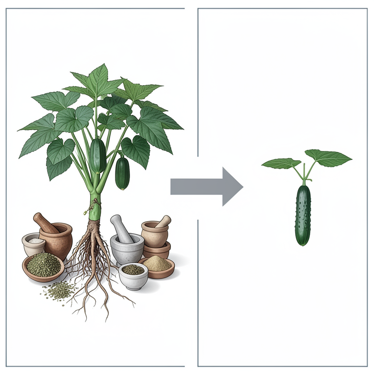 AI-generated conceptual illustration (Cucumber plants (Cucumis sativus) and traditional herbal preparations). It explains the idea and does not show study data.