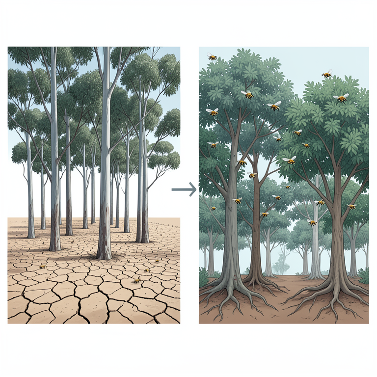 AI-generated conceptual illustration (Eucalyptus trees and honeybees in an arid Tunisian landscape). It explains the idea and does not show study data.