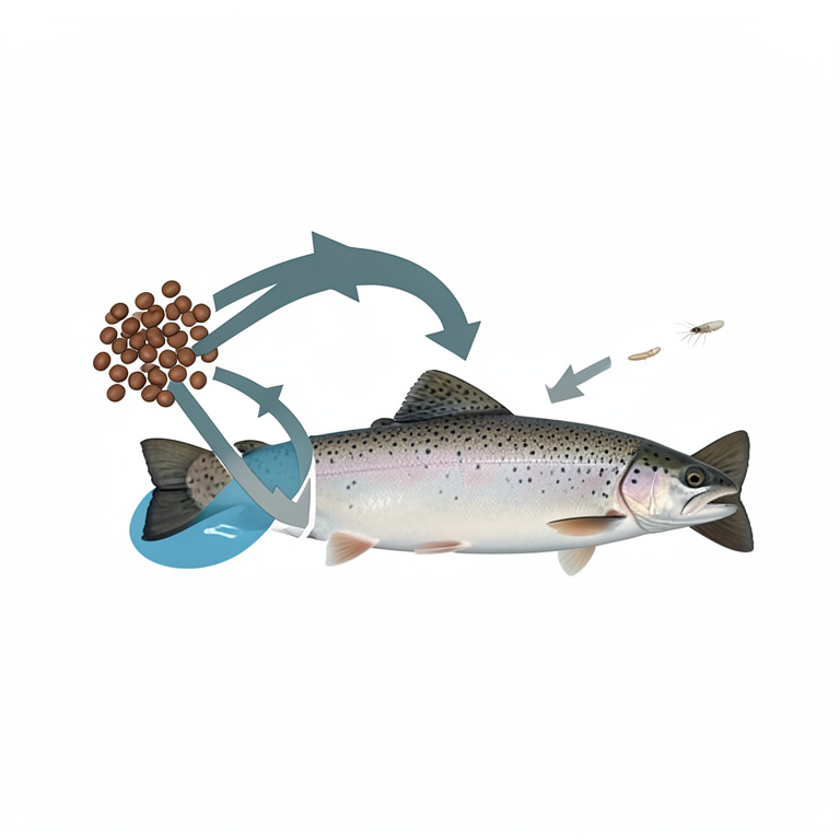 AI-generated conceptual illustration (Rainbow trout in an aquaculture tank). It explains the idea and does not show study data.