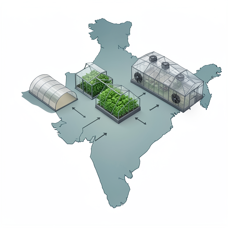 AI-generated conceptual illustration (Vegetable crops in various protected agricultural structures across a map of India). It explains the idea and does not show study data.