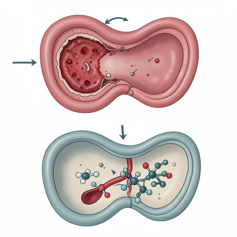 AI-generated conceptual illustration (Human stomach and systemic bloodstream). It explains the idea and does not show study data.
