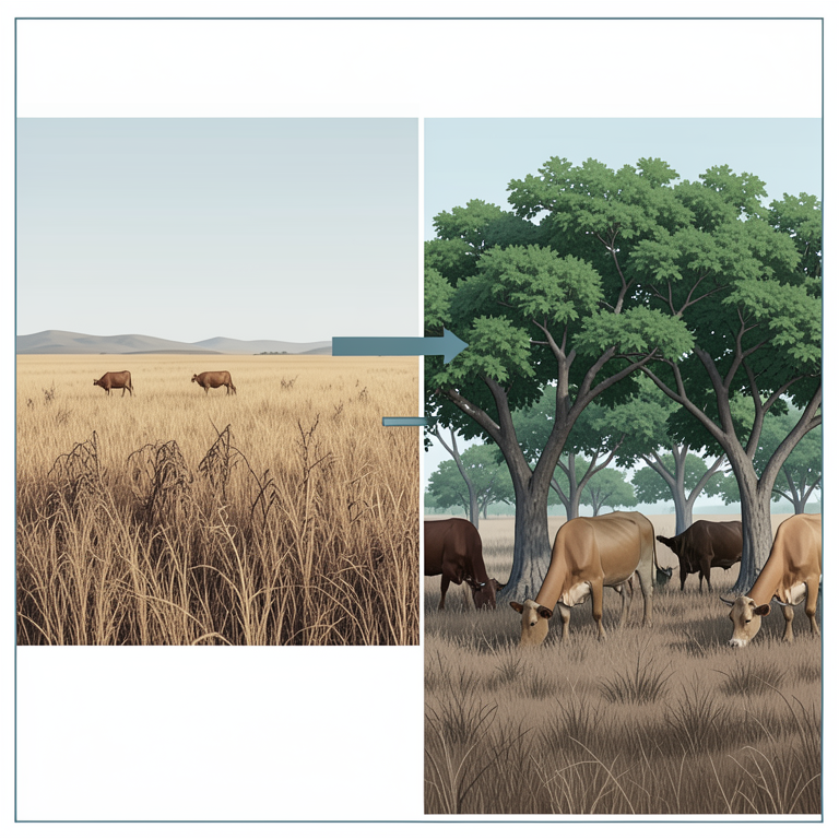AI-generated conceptual illustration (Leucaena trees and cattle in a semi-arid pasture). It explains the idea and does not show study data.