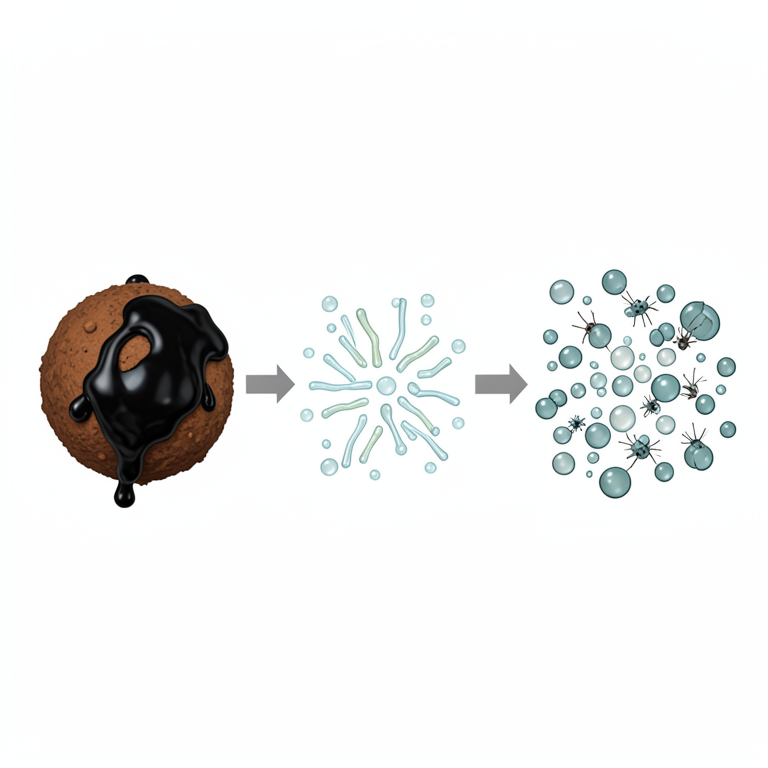 AI-generated conceptual illustration (soil particles and oil-degrading bacteria). It explains the idea and does not show study data.