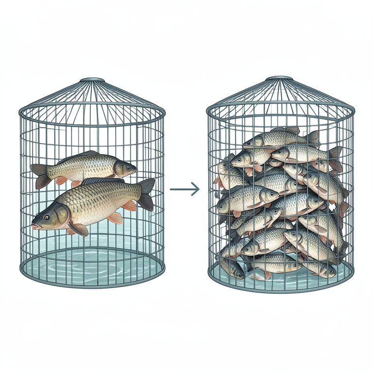 AI-generated conceptual illustration (common carp (Cyprinus carpio L.) in cage culture). It explains the idea and does not show study data.