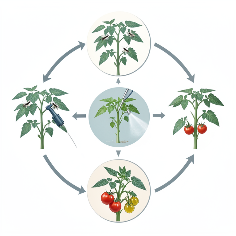 AI-generated conceptual illustration (tomato plants and whiteflies). It explains the idea and does not show study data.