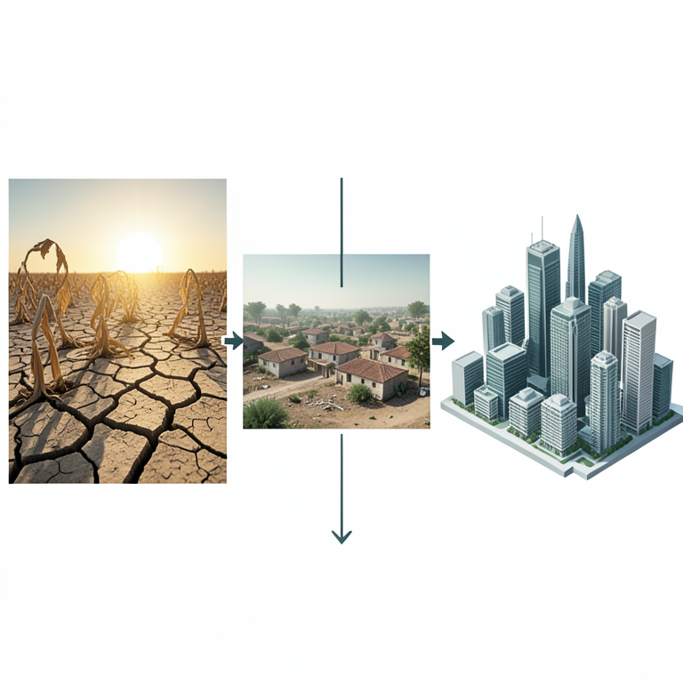 AI-generated conceptual illustration (Rural farmland and an urban city skyline in Tamil Nadu, India). It explains the idea and does not show study data.