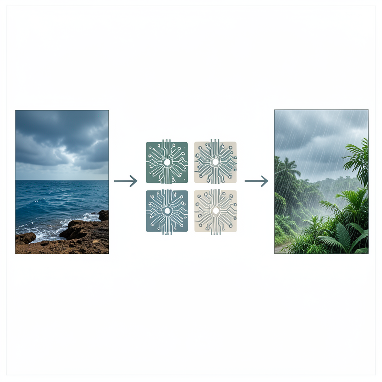 AI-generated conceptual illustration (Earth's atmosphere and ocean surface during a monsoon). It explains the idea and does not show study data.