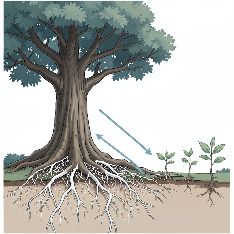 AI-generated conceptual illustration (Old-growth forest root systems with mycorrhizal fungi). It explains the idea and does not show study data.