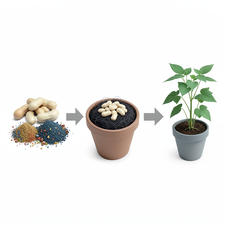 AI-generated conceptual illustration (groundnut seeds and plants (Arachis hypogaea L.)). It explains the idea and does not show study data.