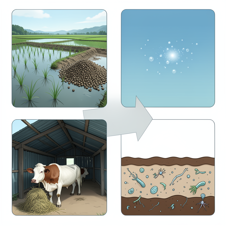 AI-generated conceptual illustration (Sri Lankan agricultural landscape featuring paddy fields, livestock, and soil). It explains the idea and does not show study data.