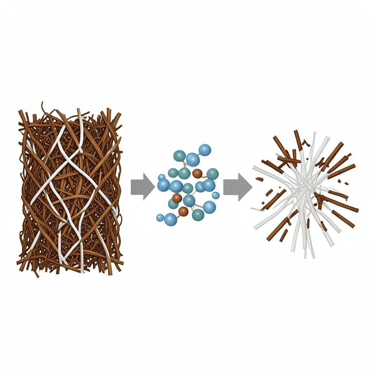 AI-generated conceptual illustration (lignocellulosic biomass fibers and manganese peroxidase enzymes). It explains the idea and does not show study data.