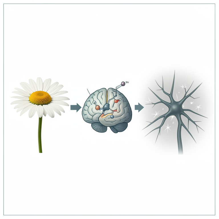 AI-generated conceptual illustration (chamomile flowers and human brain neurons). It explains the idea and does not show study data.