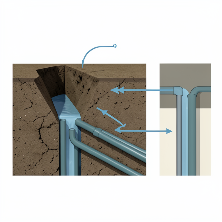 AI-generated conceptual illustration (Agricultural soil field with a network of irrigation canals and drainage pipes). It explains the idea and does not show study data.