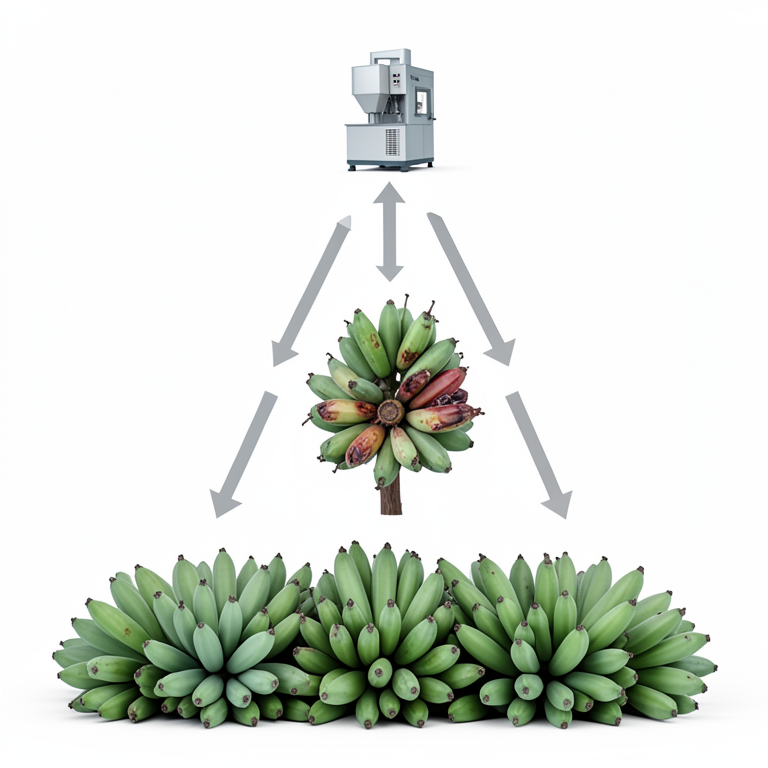 AI-generated conceptual illustration (banana plants and harvested banana bunches). It explains the idea and does not show study data.