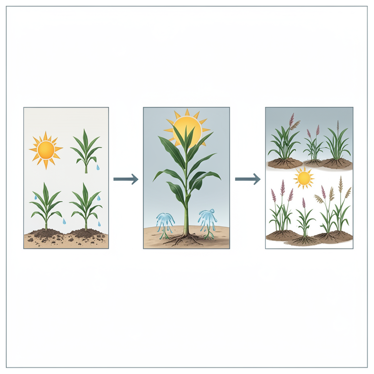 AI-generated conceptual illustration (Rabi sorghum plants (Sorghum bicolor L. Moench)). It explains the idea and does not show study data.