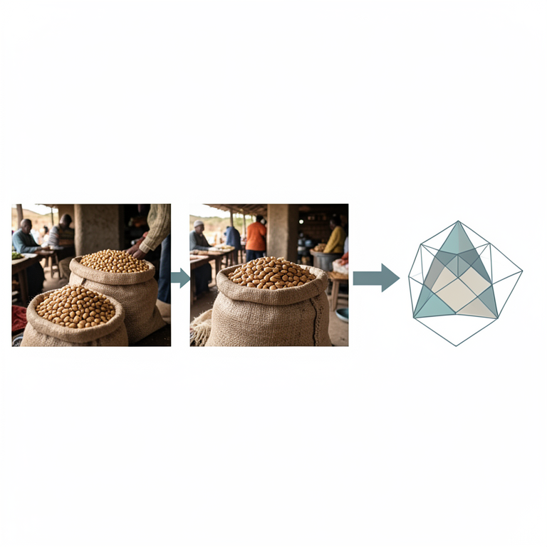 AI-generated conceptual illustration (dried maize kernels in sacks at open-air Tanzanian agricultural markets). It explains the idea and does not show study data.