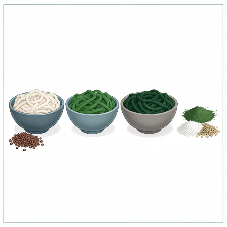 AI-generated conceptual illustration (gluten-free pasta made from amaranth, buckwheat, rice flour, and guava leaf powder). It explains the idea and does not show study data.