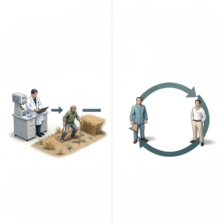 AI-generated conceptual illustration (a rural farmer, a research scientist in a laboratory, and a field extension worker). It explains the idea and does not show study data.