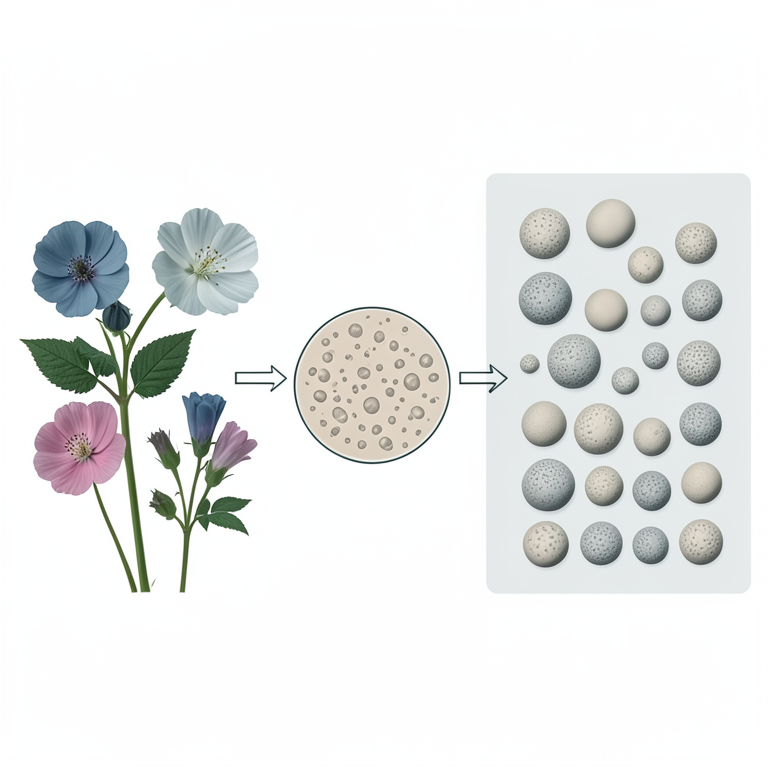 AI-generated conceptual illustration (Pollen grains from Rosaceae, Fabaceae, and Malvaceae flowers). It explains the idea and does not show study data.