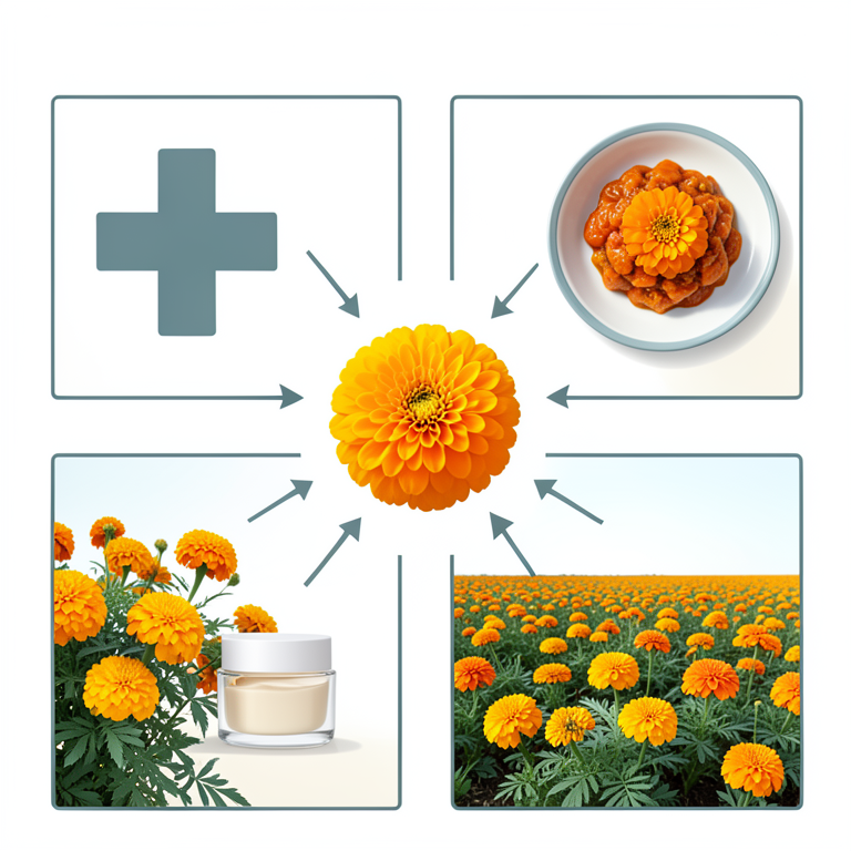 AI-generated conceptual illustration (Marigold flowers (Tagetes and Calendula species)). It explains the idea and does not show study data.
