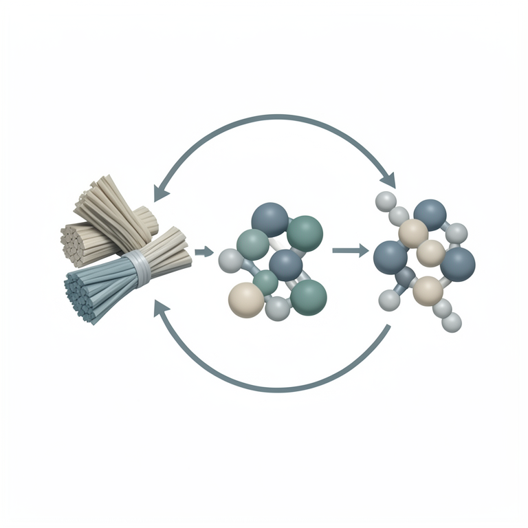 AI-generated conceptual illustration (Cellulose fibers, cellobiose molecules, and glucose molecules). It explains the idea and does not show study data.