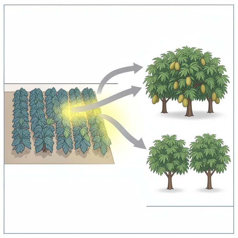 AI-generated conceptual illustration (jackfruit trees and vegetable crops in a field). It explains the idea and does not show study data.