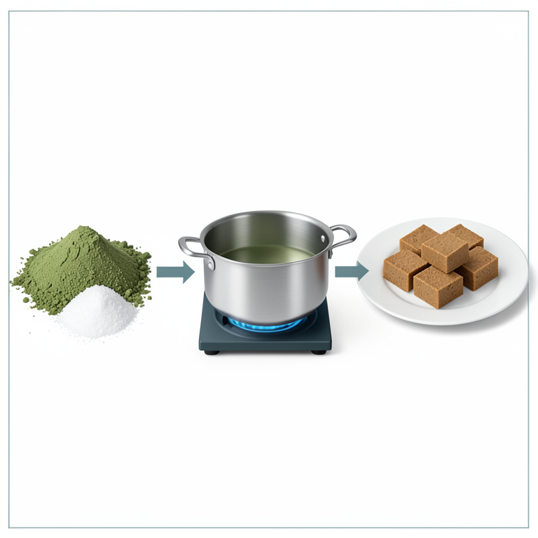 AI-generated conceptual illustration (Moringa pod powder and sugar used to make Burfi (an Indian milk-based sweet)). It explains the idea and does not show study data.