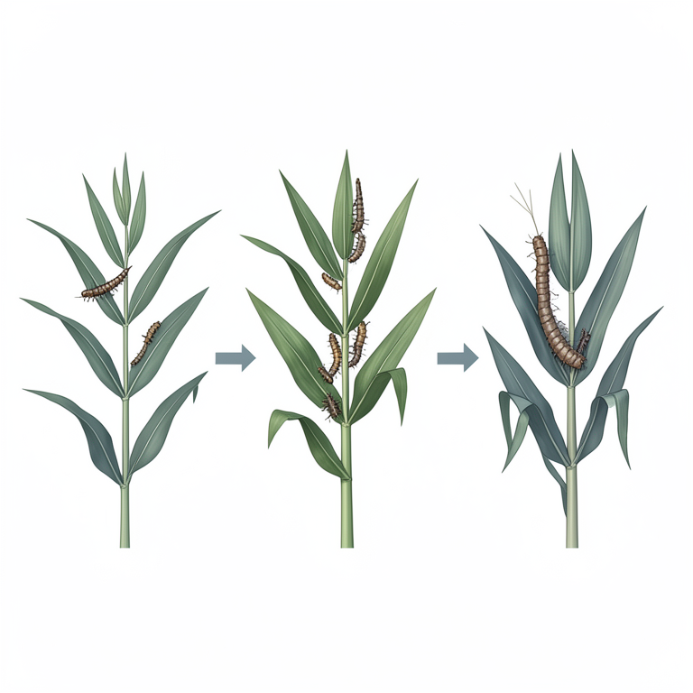 AI-generated conceptual illustration (maize plants and fall armyworm larvae). It explains the idea and does not show study data.